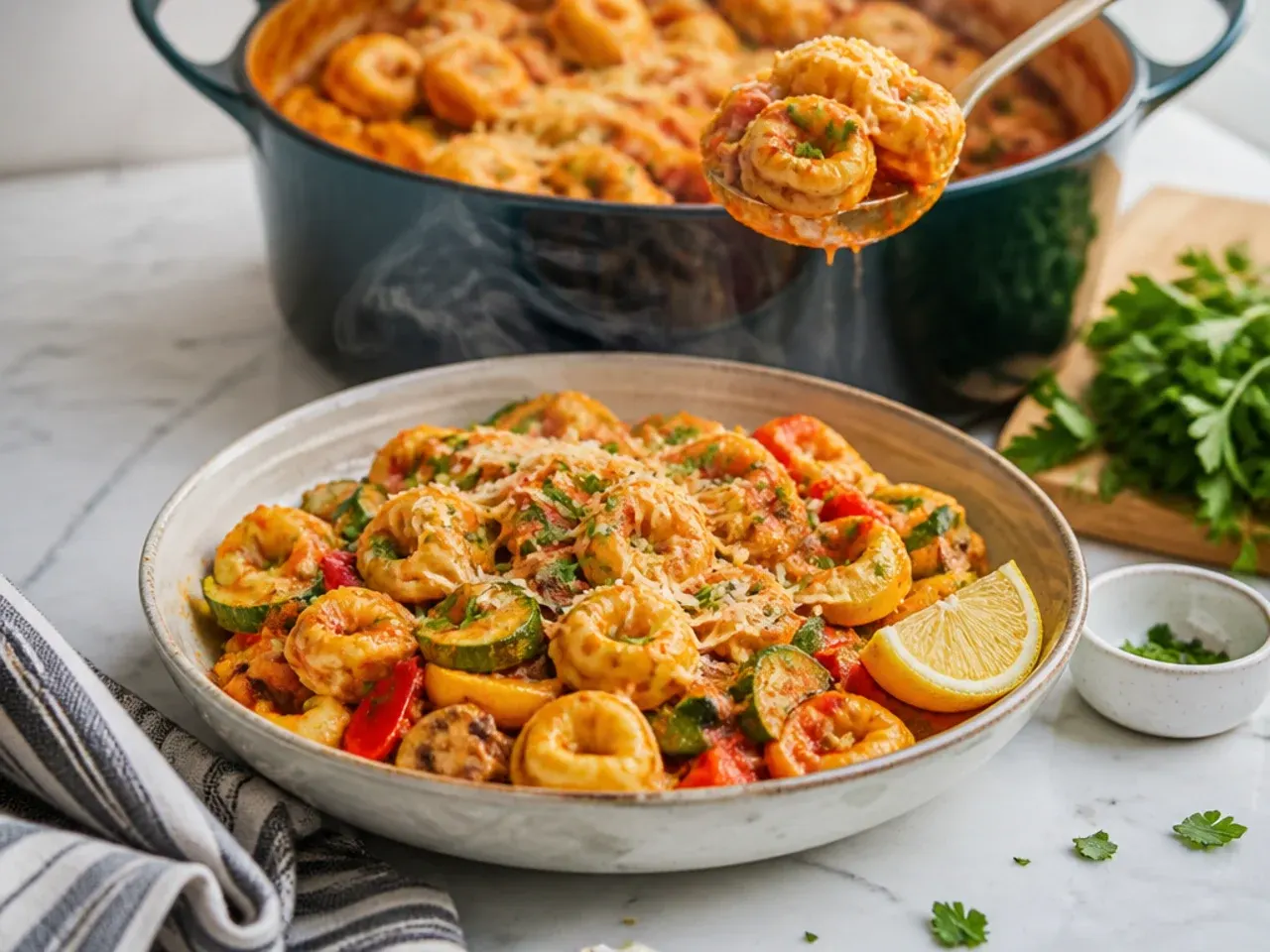A loaded tortellini bake topped with roasted vegetables and melted mozzarella cheese.