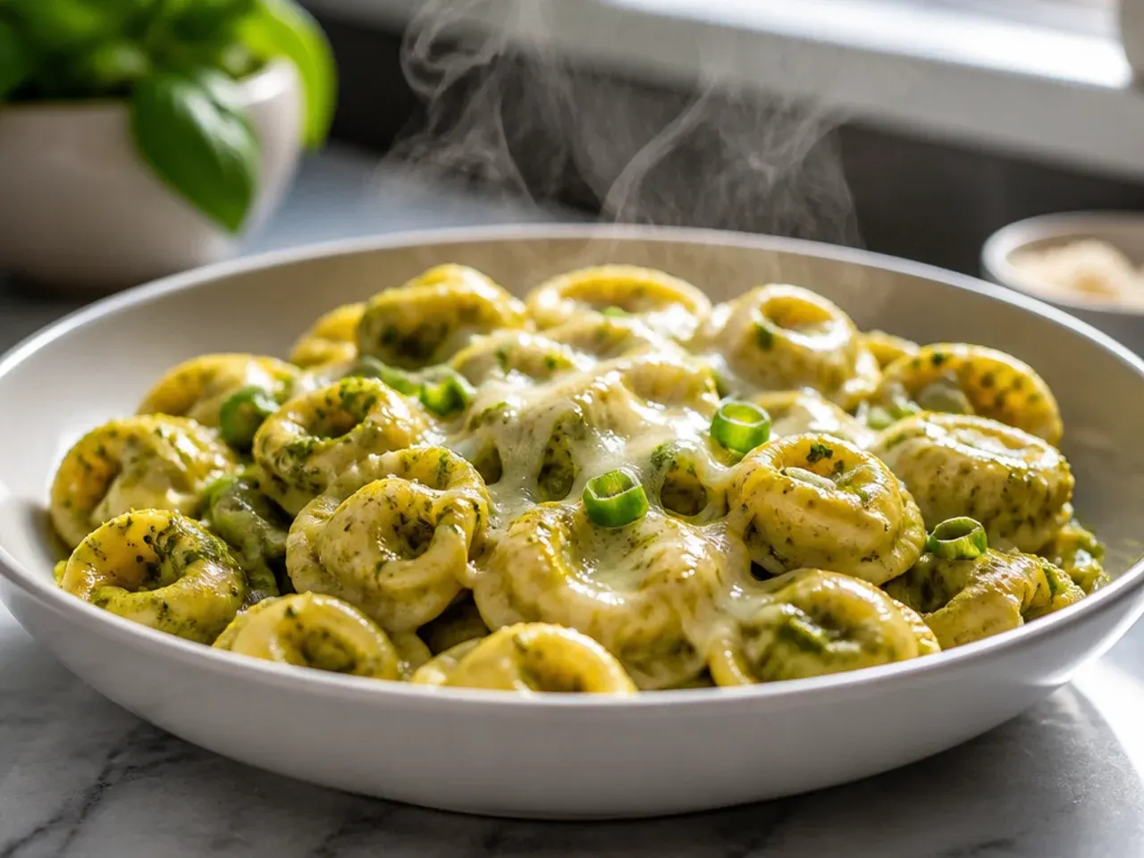 A large bowl of cold pesto tortellini salad with cherry tomatoes and mozzarella pearls.