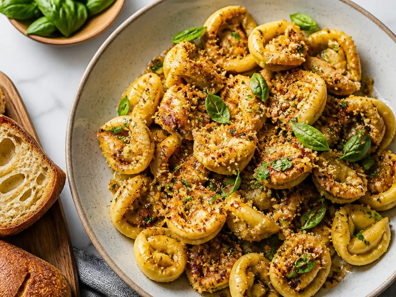 Golden, crispy pan-fried tortellini piled on a plate with a small bowl of marinara for dipping.