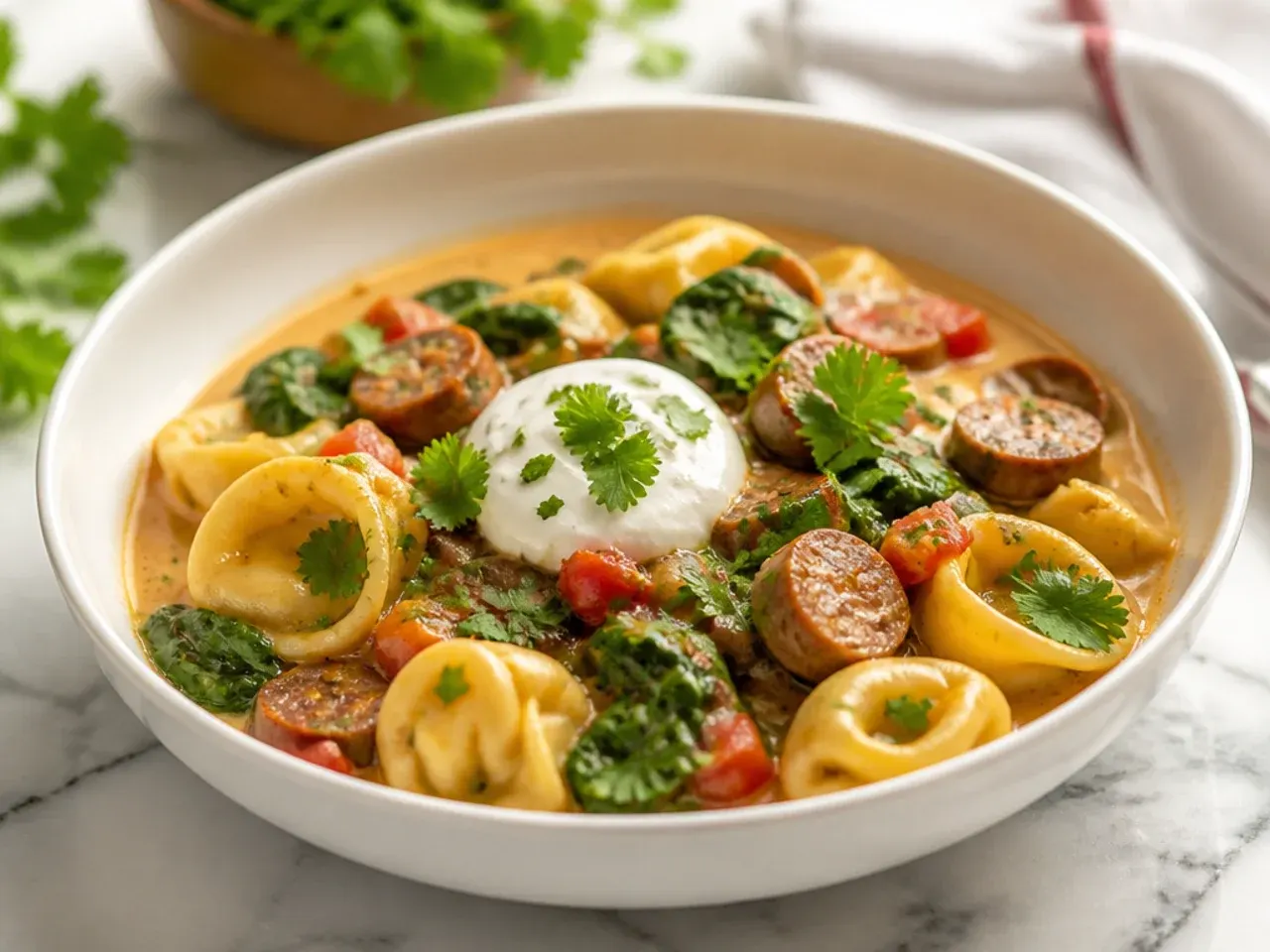 A single pot of sausage and spinach tortellini, steam rising, ready to be served.