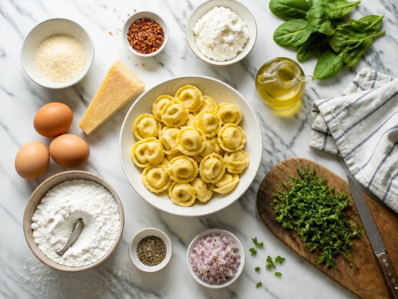 A hand stirring a pot of tortellini soup, checking for tortellini floating to the surface.