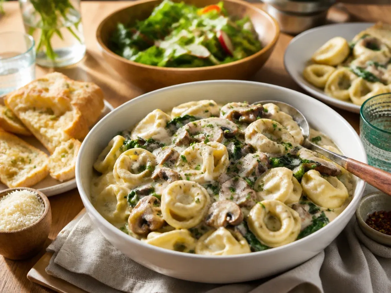 A dinner table set with a bowl of tortellini soup, a green salad, and slices of garlic bread.