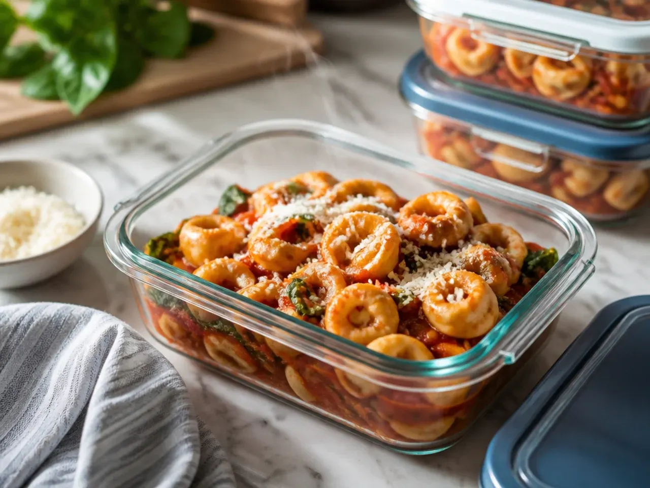 Tortellini soup being stored in a glass airtight container ready for the fridge or freezer.