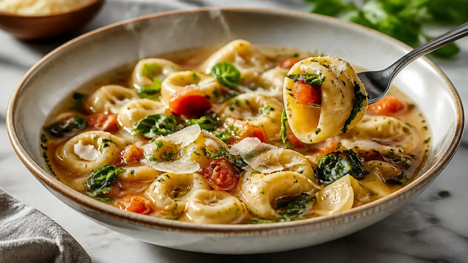 Overhead shot of creamy Italian sausage tortellini soup in a white bowl, topped with grated Parmesan and fresh basil