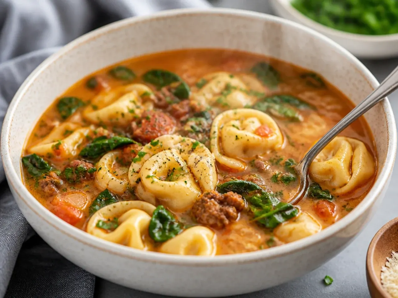 Wooden table spread with several bowls of tortellini soup, crusty bread and a pot of soup in the background