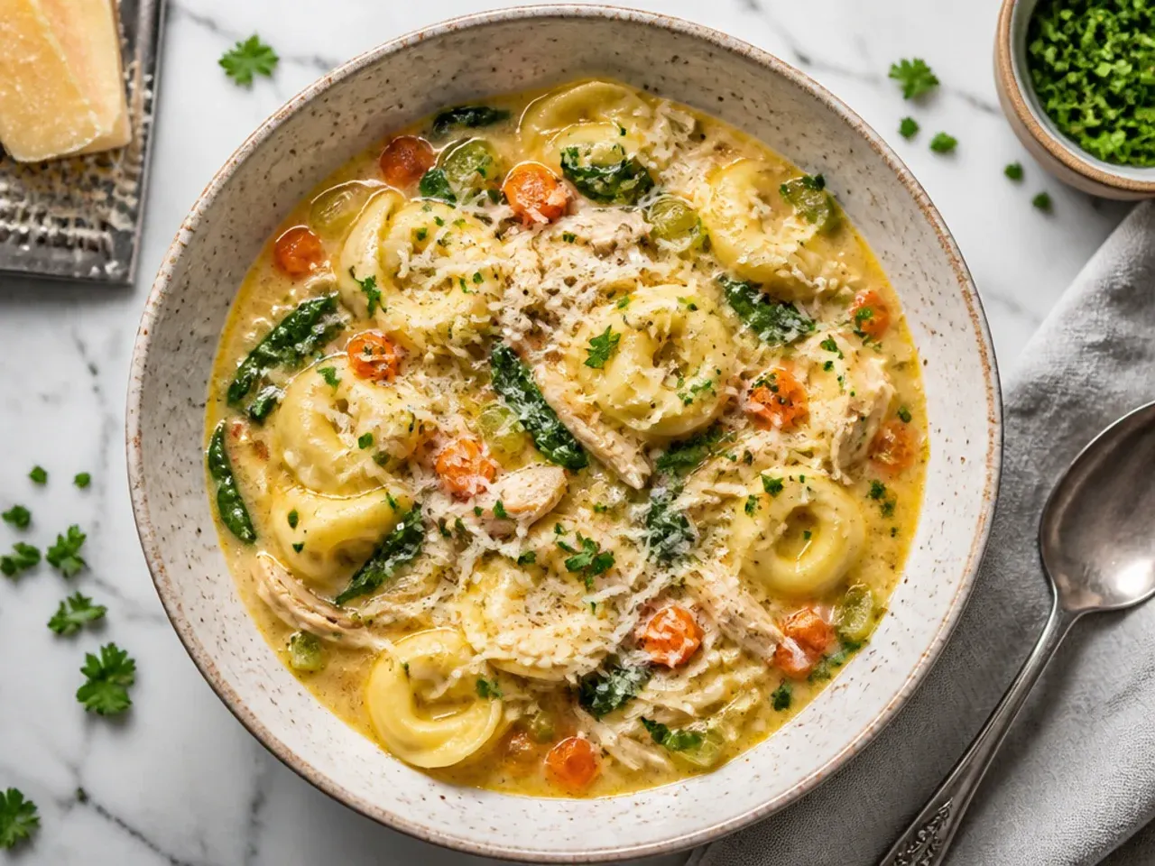 Close-up of chicken tortellini soup with shredded chicken, carrots and parsley in a rustic bowl