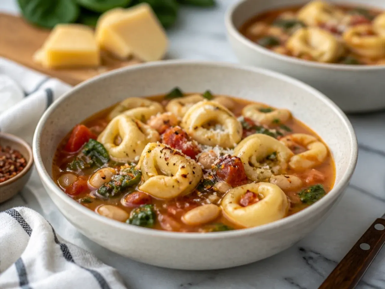 Steaming bowl of quick tortellini soup on a weeknight kitchen counter with a spoon resting beside it