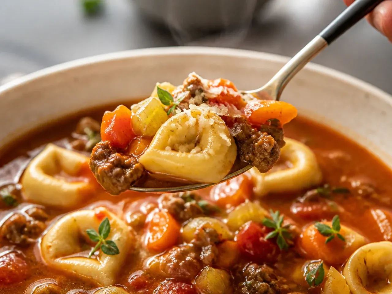 Hearty beef and tortellini soup with chunks of potato and green beans in a deep bowl