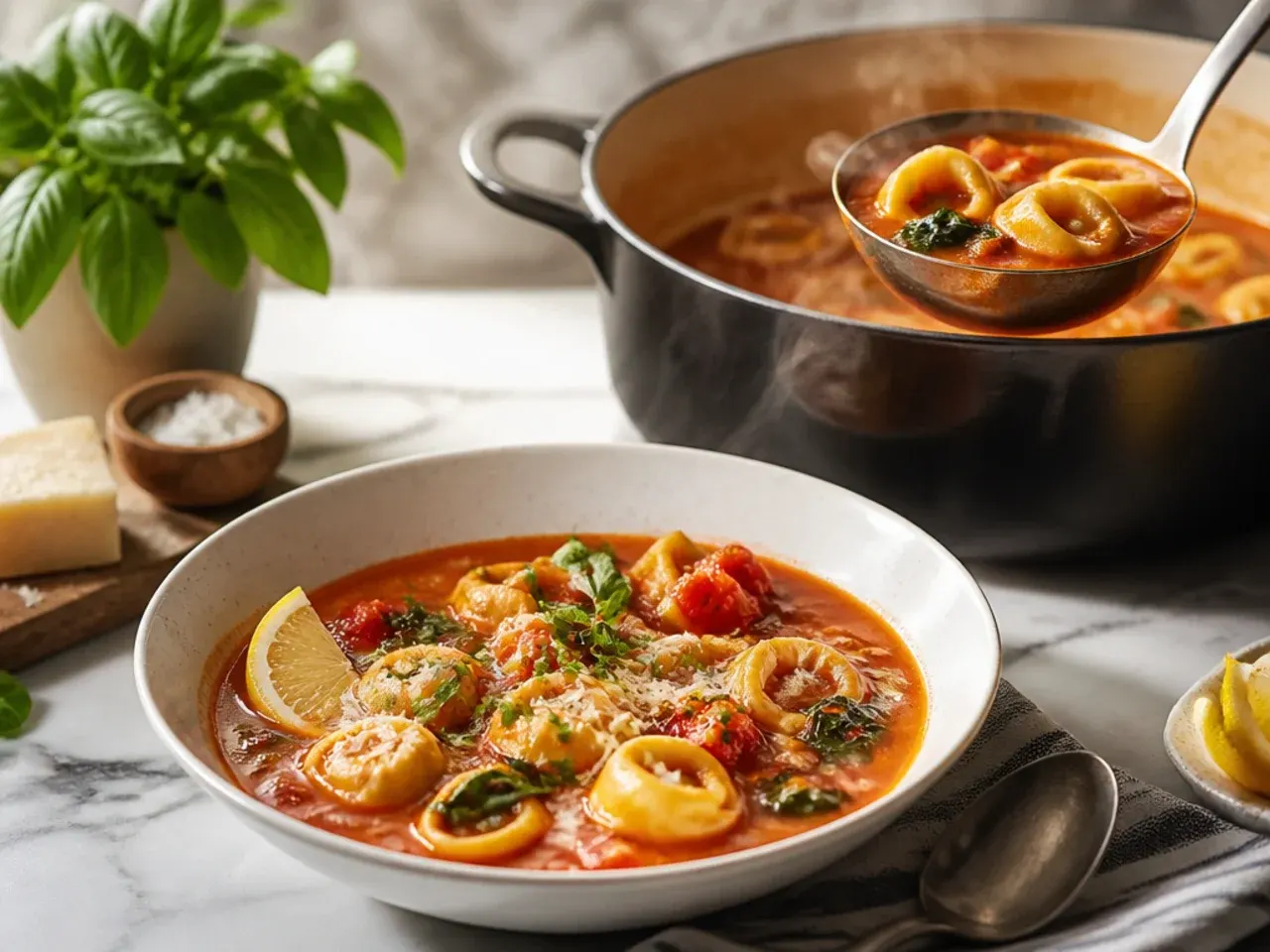 Bright red tomato basil tortellini soup garnished with fresh basil leaves and a drizzle of cream