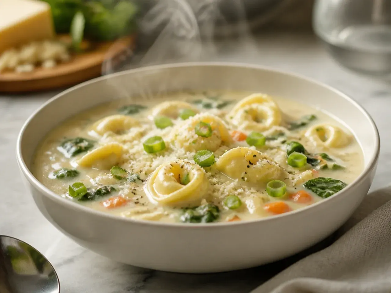 Creamy garlic parmesan tortellini soup with a thick, velvety broth and fresh cracked pepper on top