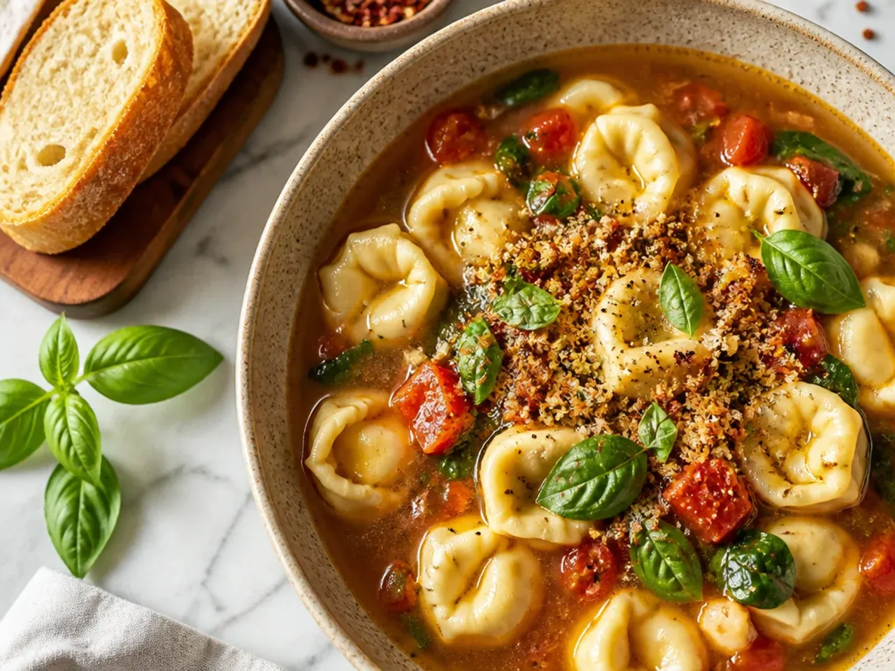 Simple five-ingredient tortellini soup in a plain white bowl with steam rising