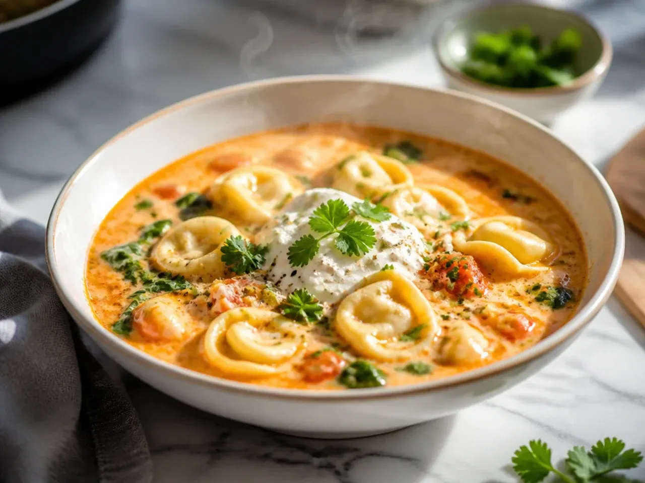 Overhead view of tortellini soup topped with melted, bubbling three-cheese blend under the grill