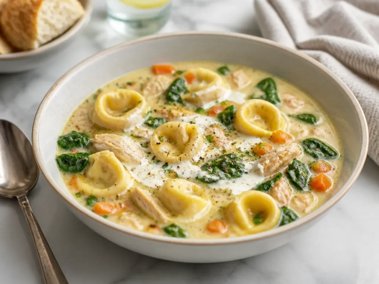 Chicken florentine tortellini soup with wilted spinach ribbons and shredded chicken in a creamy broth