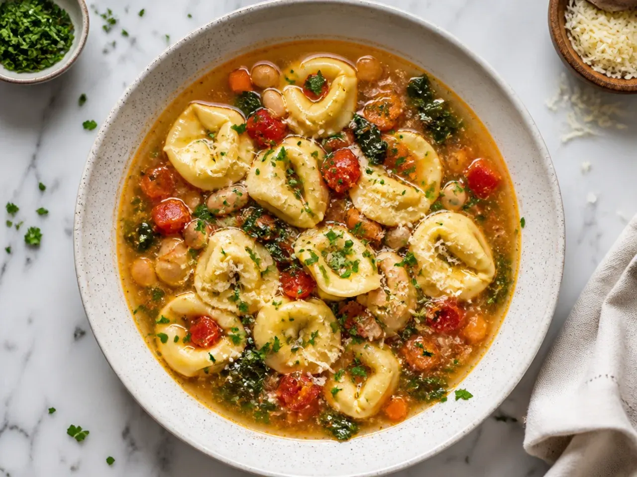 Budget vegetable tortellini soup with beans, peas and diced courgette in a simple broth
