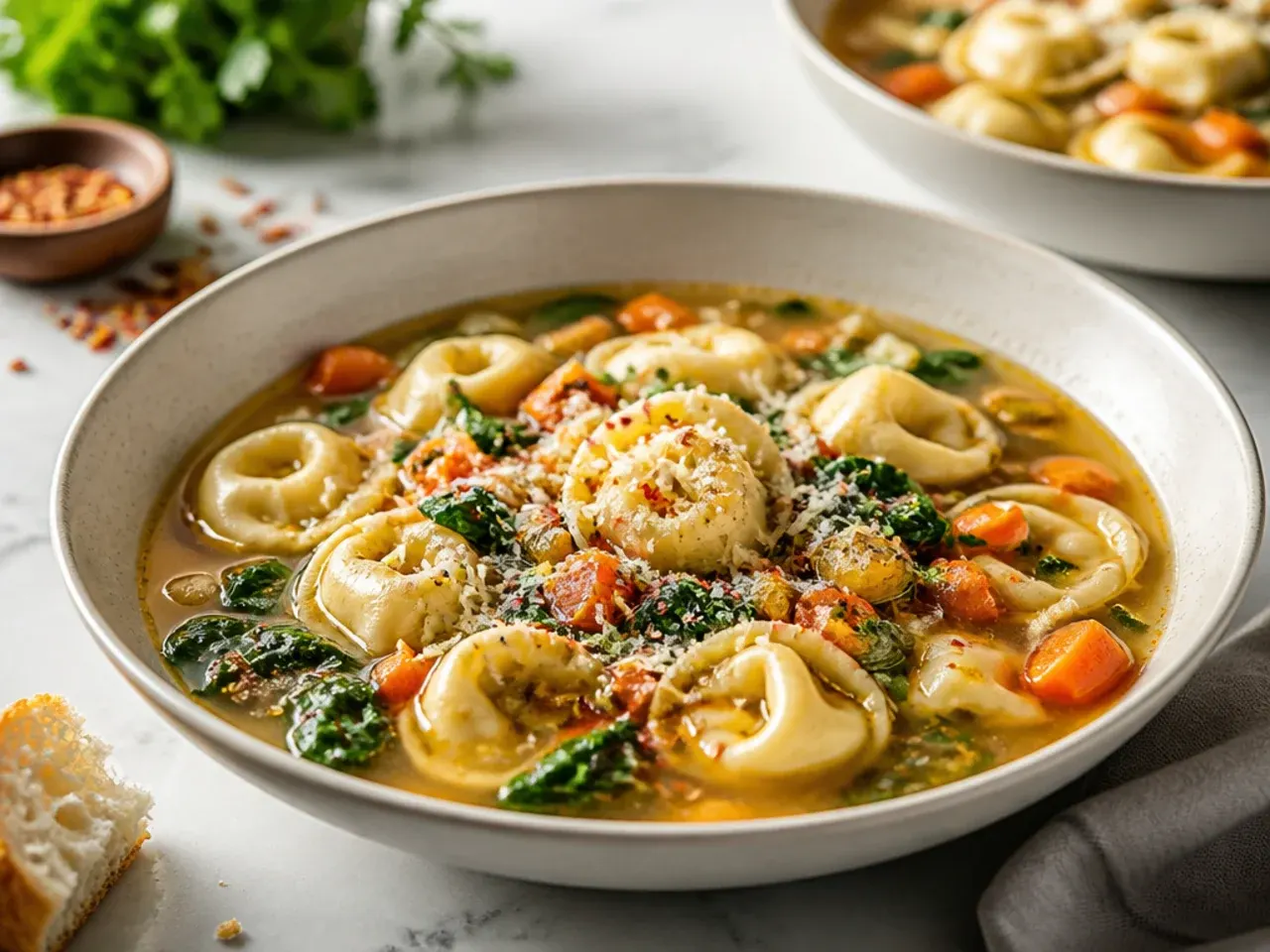 Electric pressure cooker open with finished tortellini soup inside, steam still visible