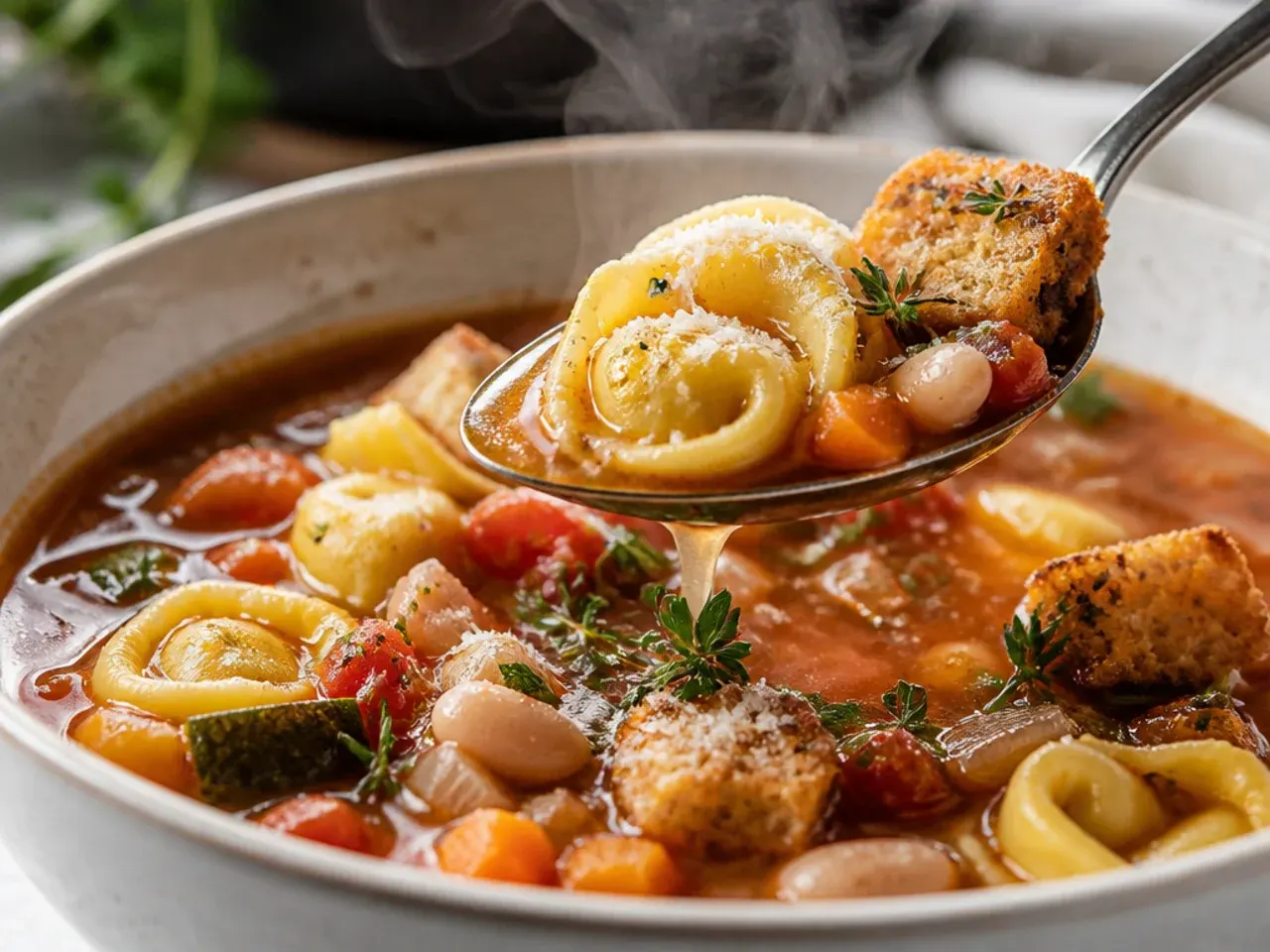Rustic minestrone tortellini soup packed with beans, vegetables and pasta in a shallow bowl
