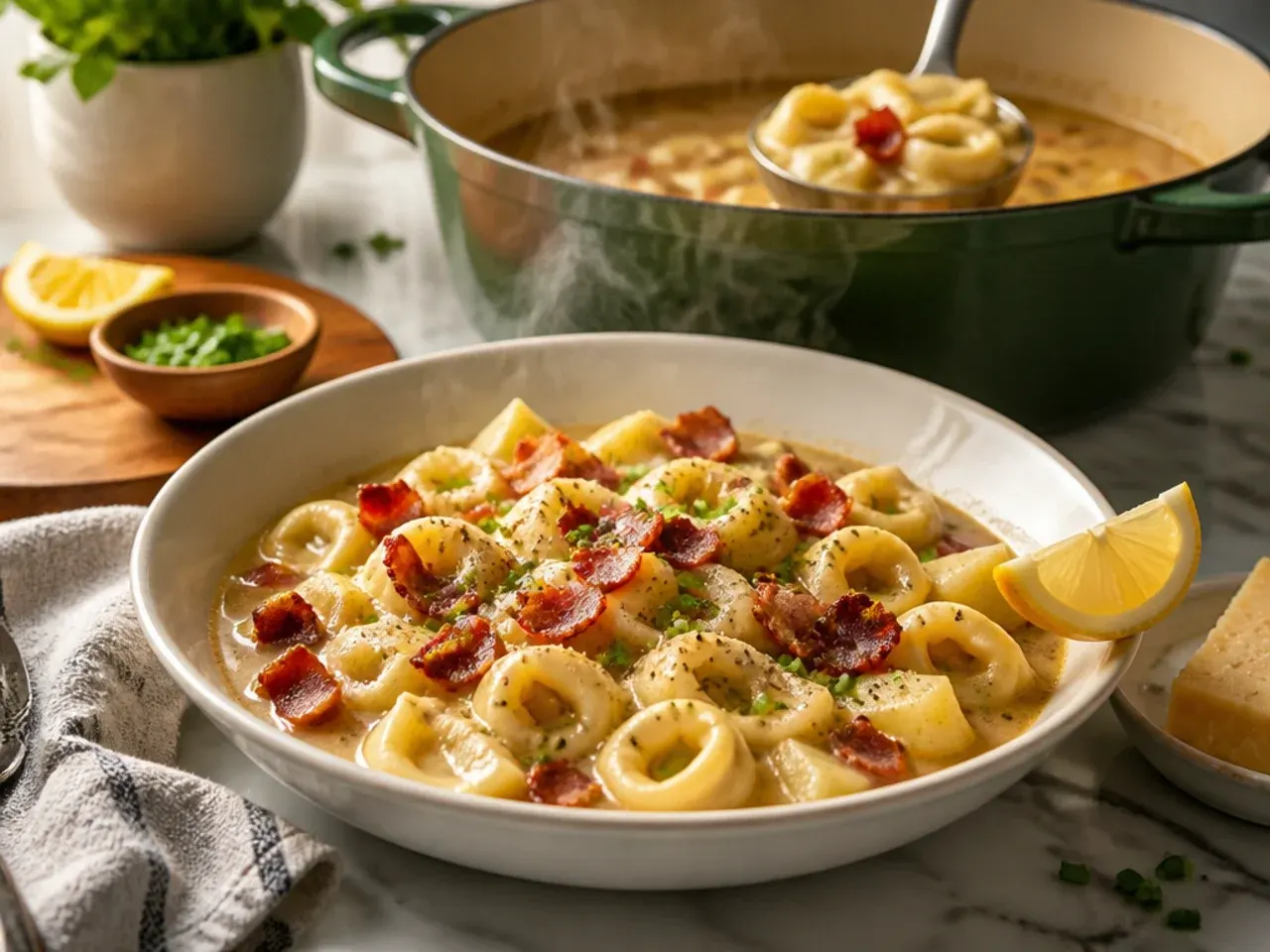 Loaded bacon and potato tortellini soup topped with crispy bacon bits and chopped chives