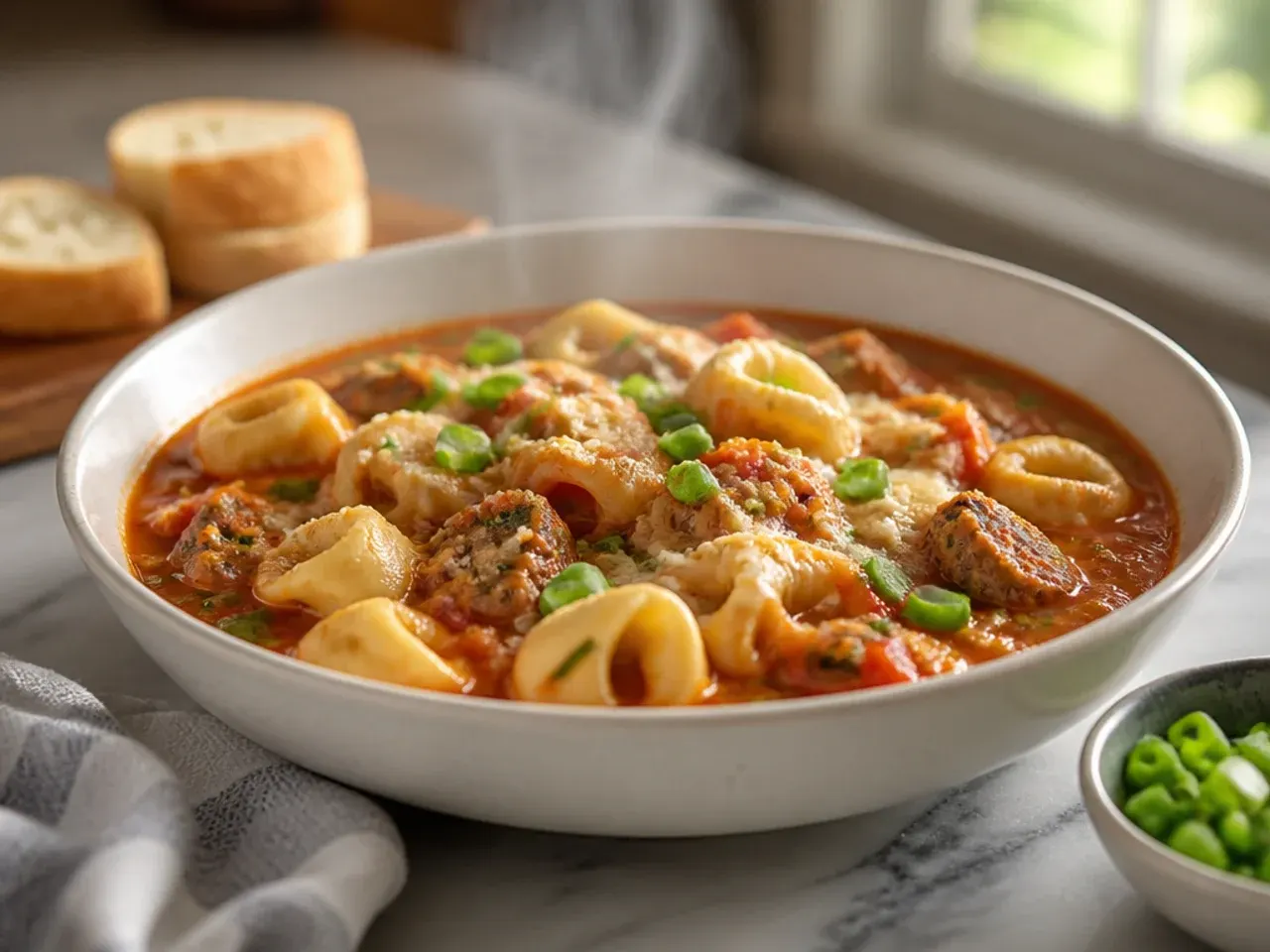 Slow cooker filled with tortellini soup, lid resting to the side, ladle dipped in