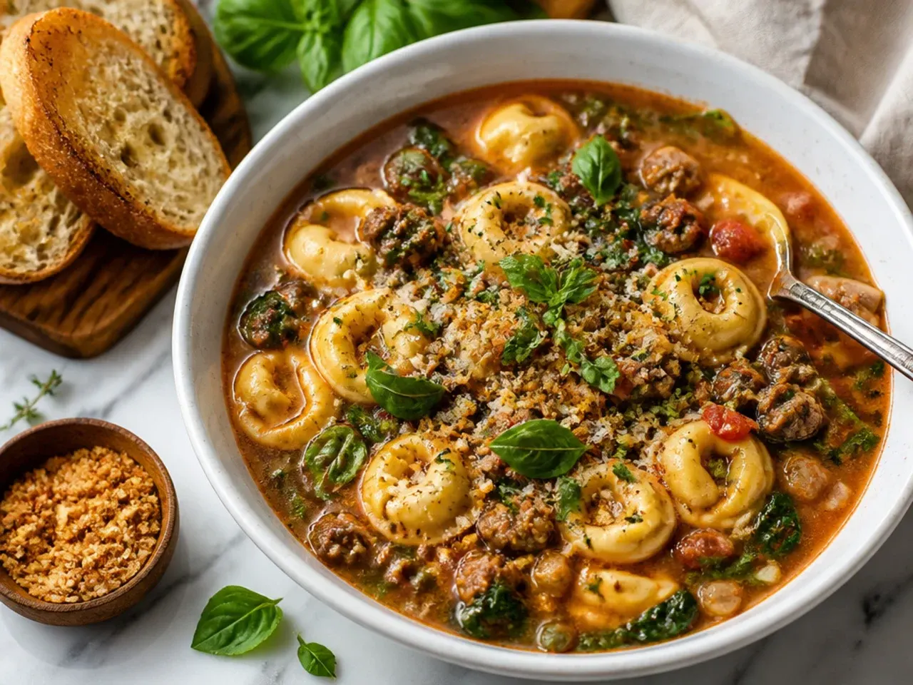 The best-ever Italian sausage and spinach tortellini soup, creamy and topped with fresh basil