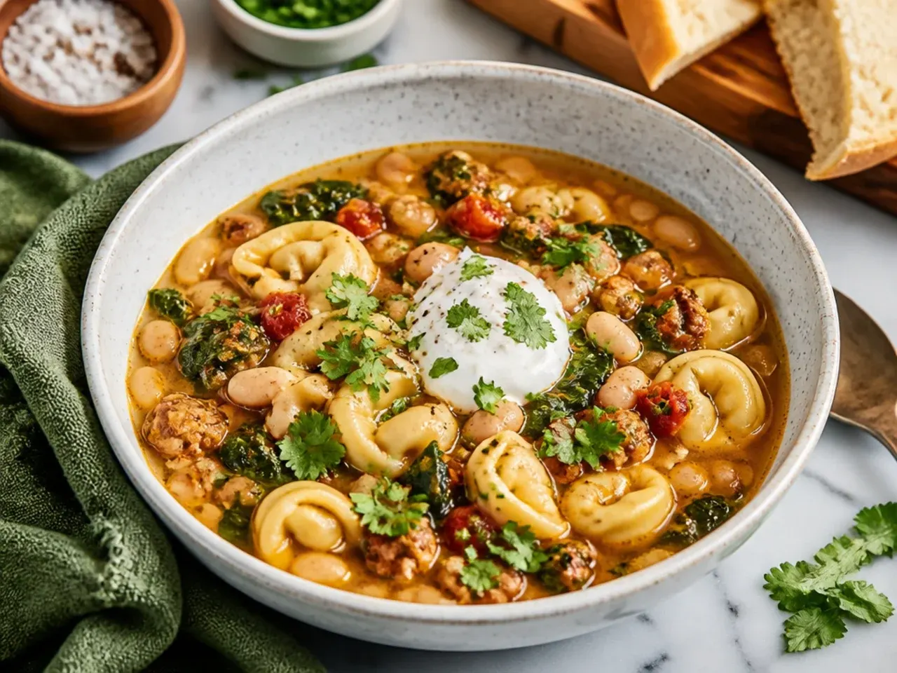 One-pot Tuscan tortellini soup with white beans, kale and sun-dried tomatoes