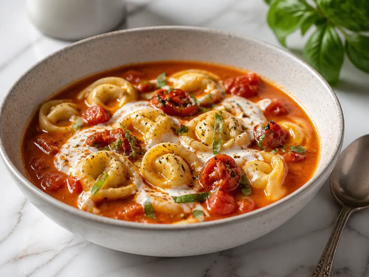 Spicy fire-roasted tomato tortellini soup with visible red pepper flakes and a rustic char to the tomatoes