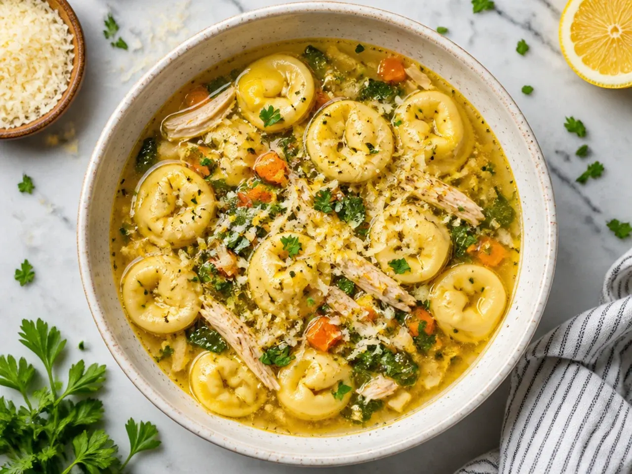 Bright lemon chicken tortellini soup with lemon slices and fresh herbs floating on top