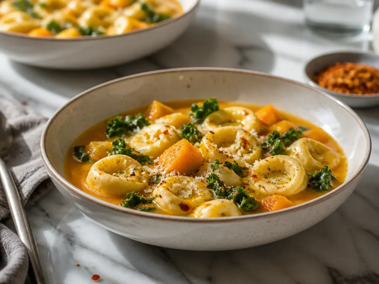 Autumn butternut squash tortellini soup with cubes of orange squash and a sage garnish