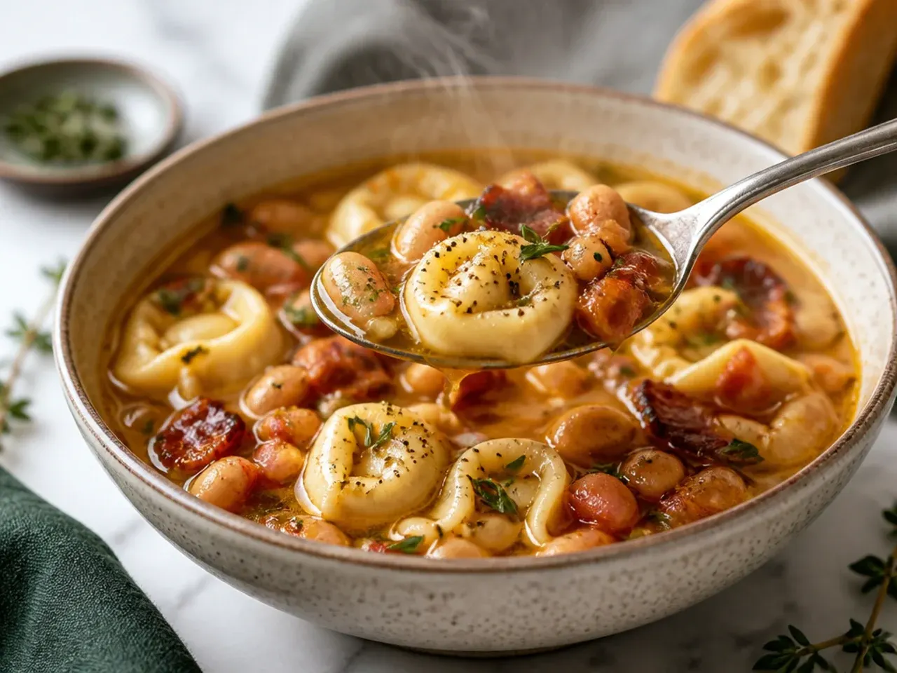 Smoky bacon and white bean tortellini soup with crispy bacon bits scattered on top