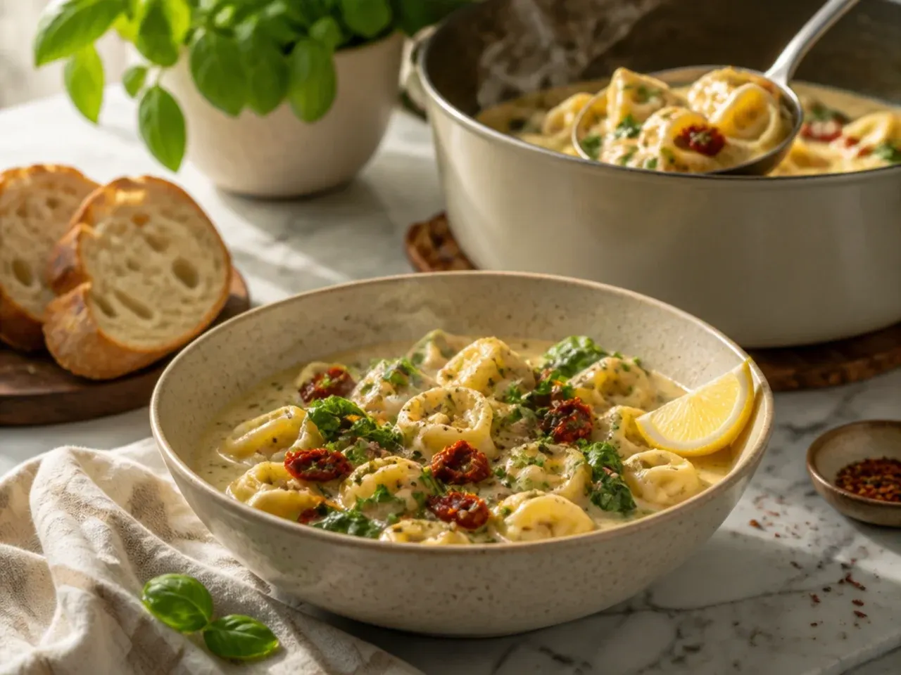 Creamy pesto tortellini soup swirled with green pesto and dotted with sun-dried tomatoes