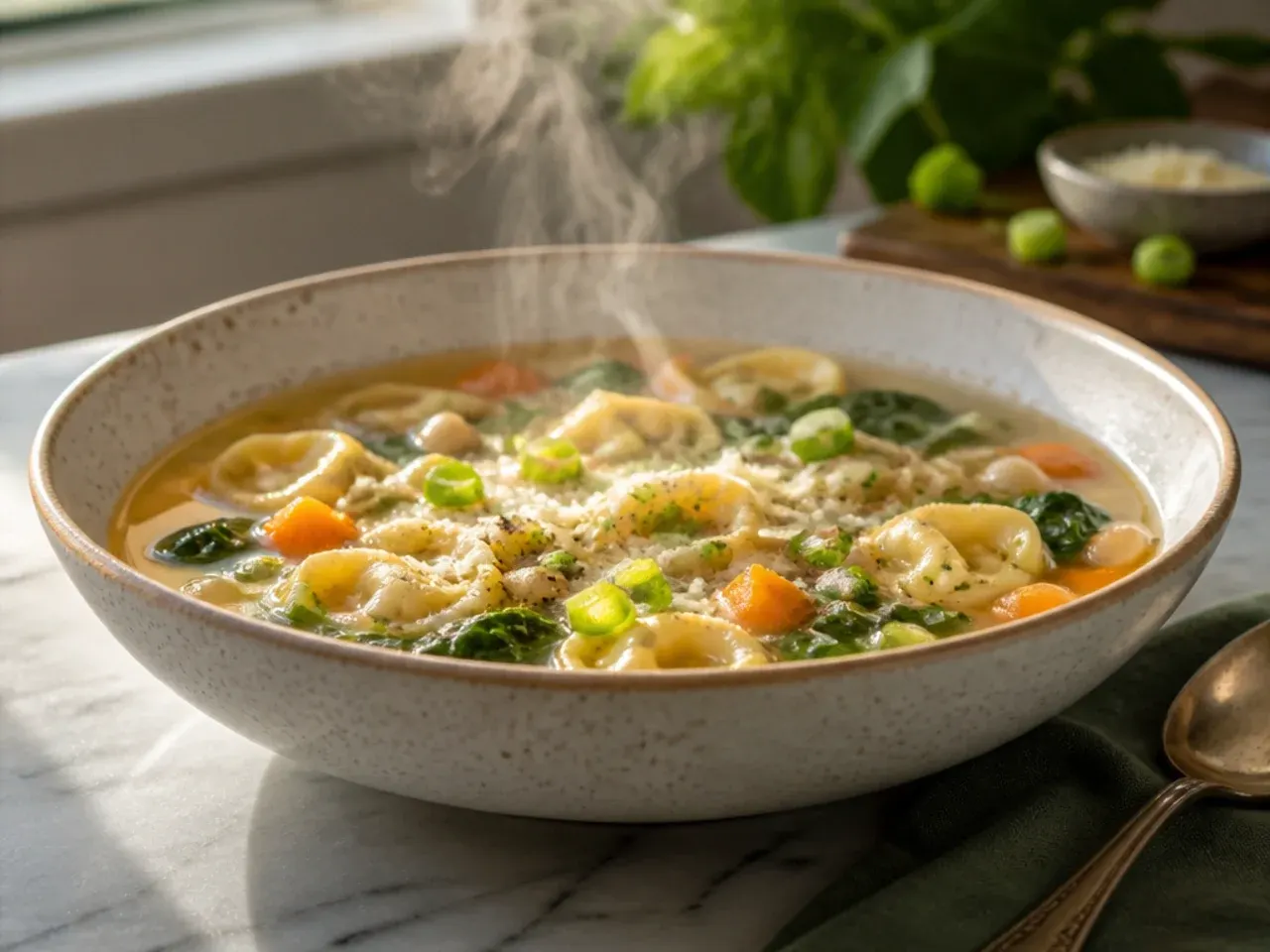 Simple vegetarian white bean tortellini soup with a light, clear broth and fresh herbs