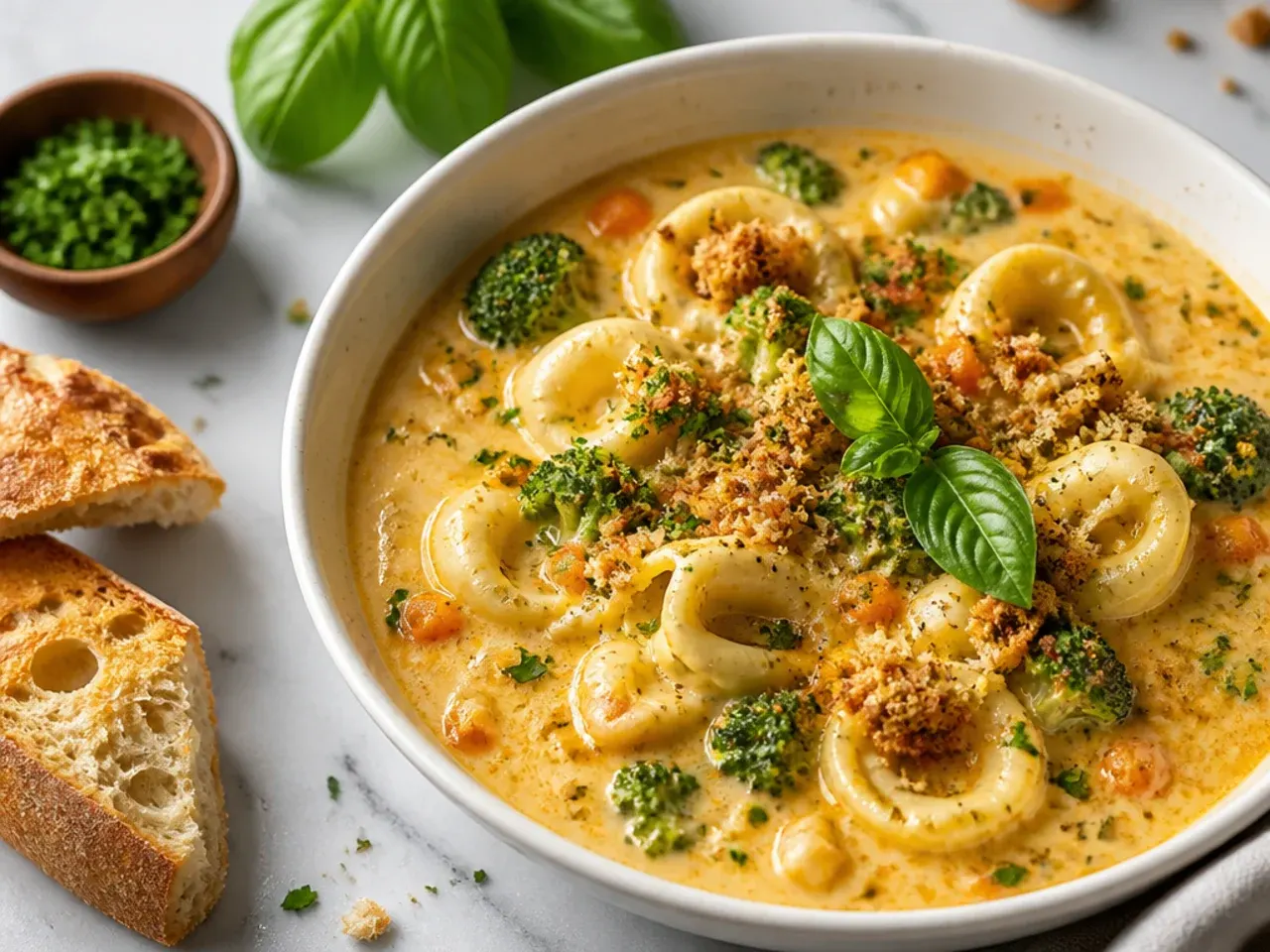 Broccoli cheddar tortellini soup with bright green florets and a rich orange-tinged broth