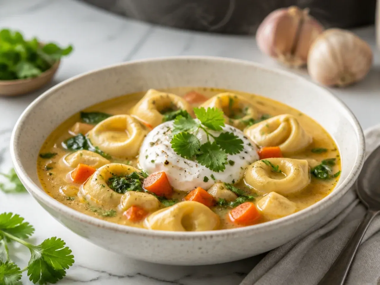 Comforting roasted garlic tortellini soup with visible caramelised garlic cloves stirred through