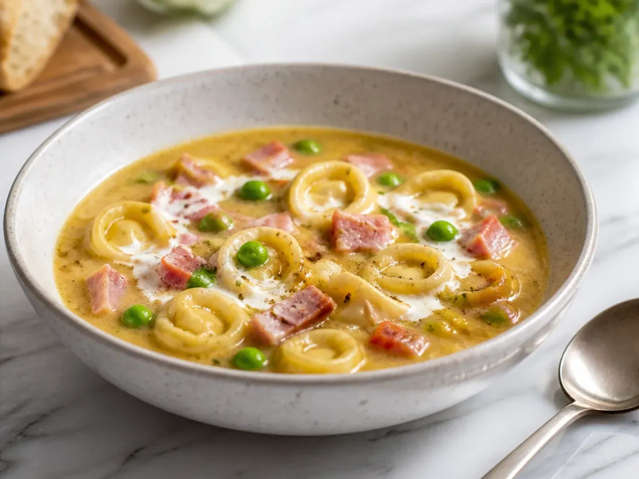 Budget ham and pea tortellini soup with diced ham and bright green peas in a creamy broth