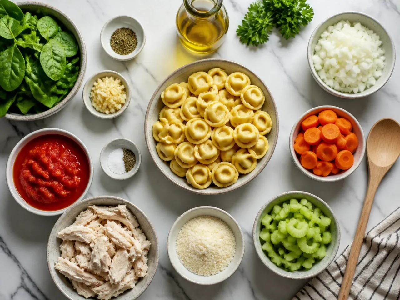 Close-up of a wooden spoon stirring tortellini soup, demonstrating a gentle simmer