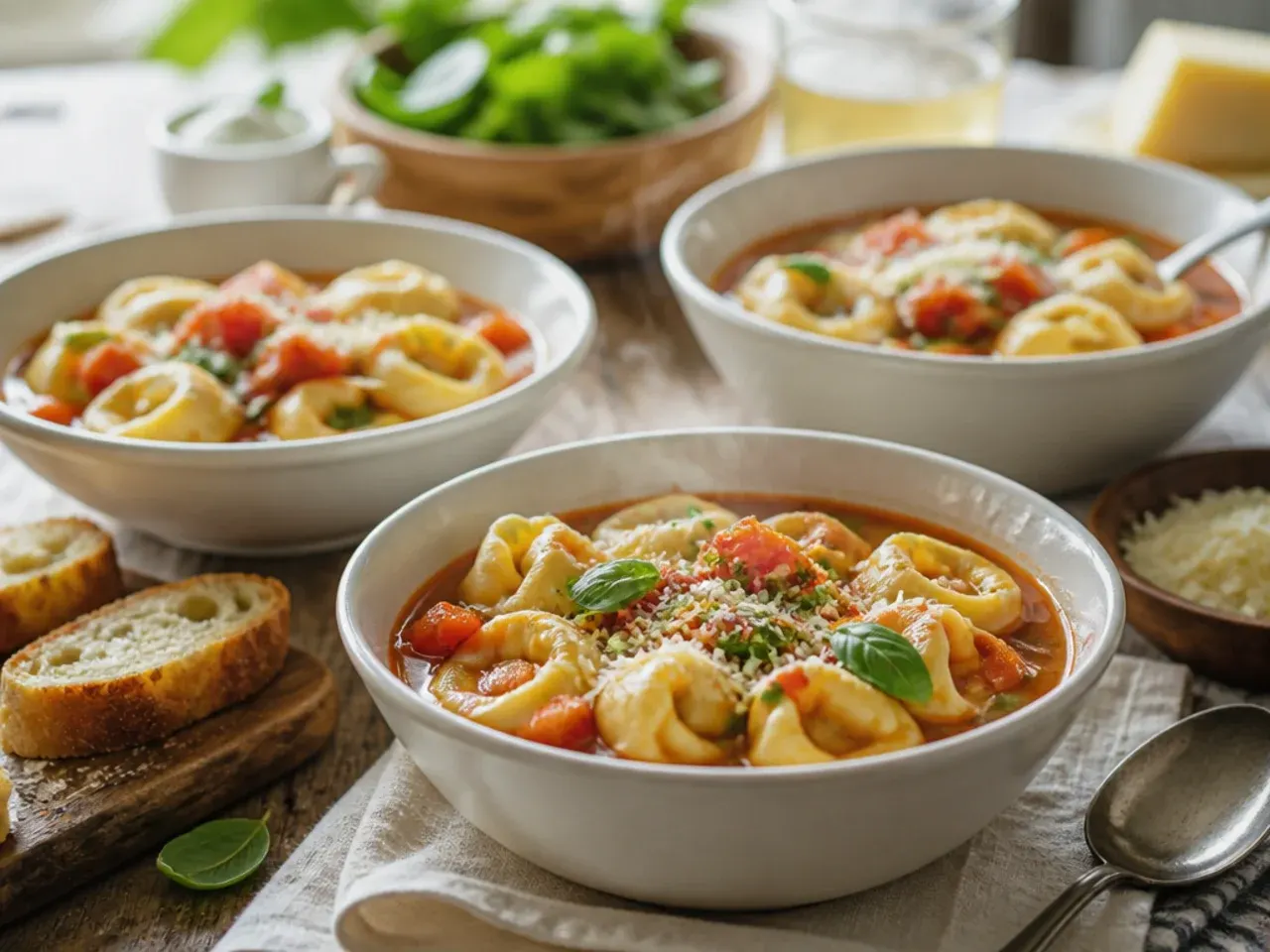 Table set with a bowl of tortellini soup, slices of crusty bread and a small green salad