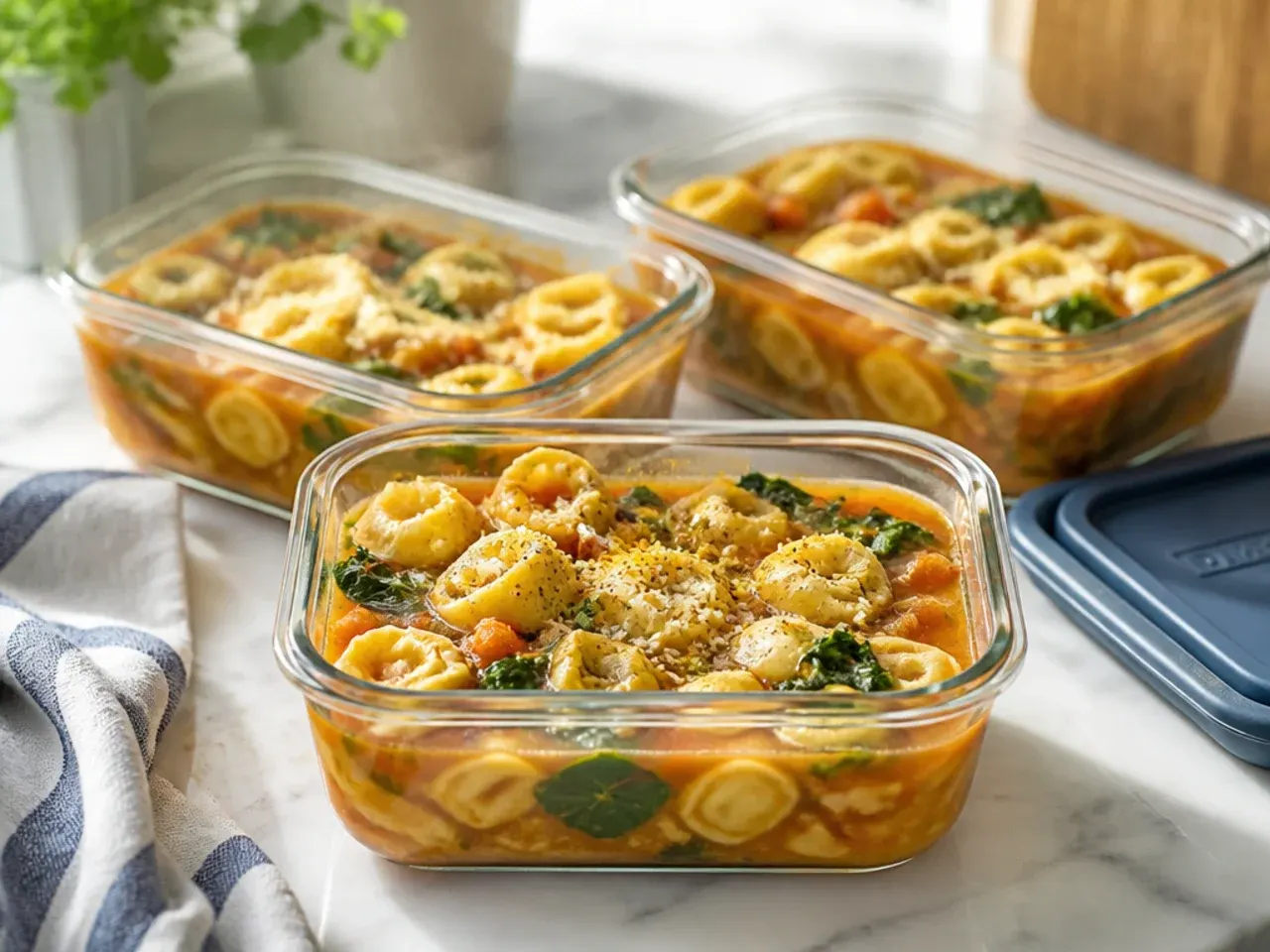 Glass airtight container of tortellini soup being labelled for the fridge