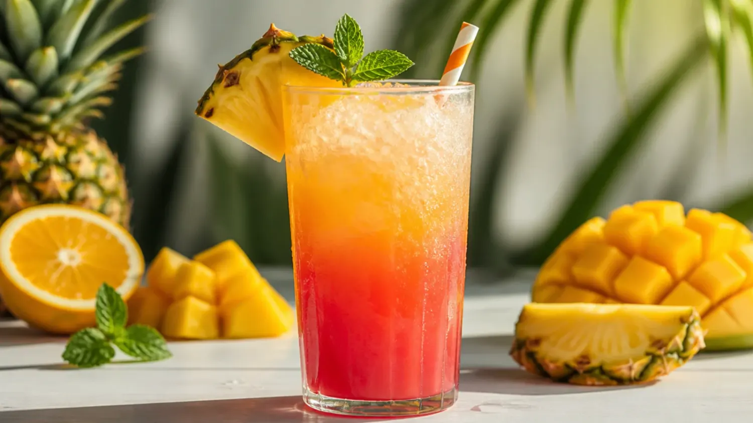 A colourful lineup of tropical non alcoholic drinks in tall glasses garnished with pineapple, lime and coconut on a sunny patio table