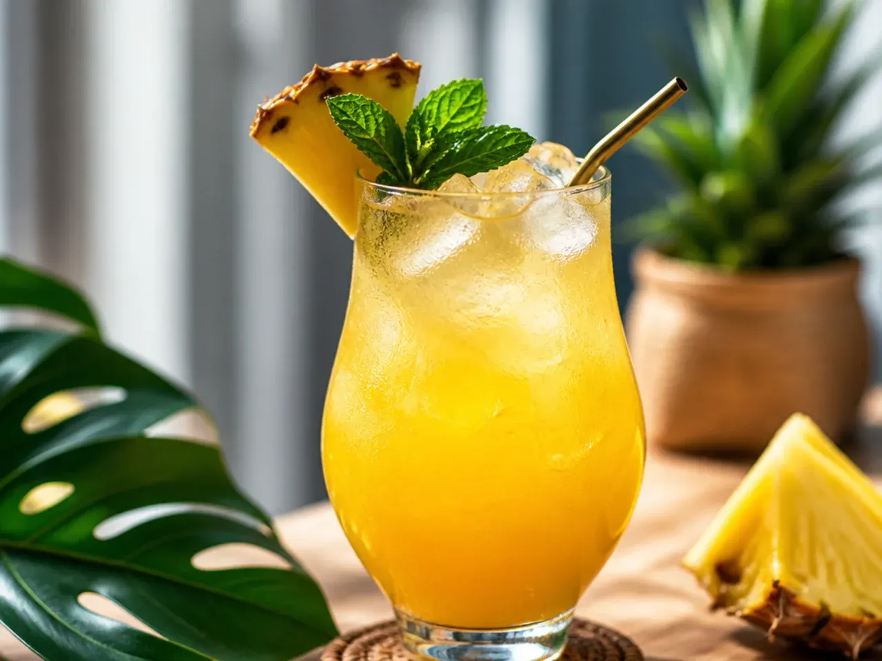 Overhead shot of several tropical non alcoholic drinks arranged with fresh pineapple, mango and lime garnishes