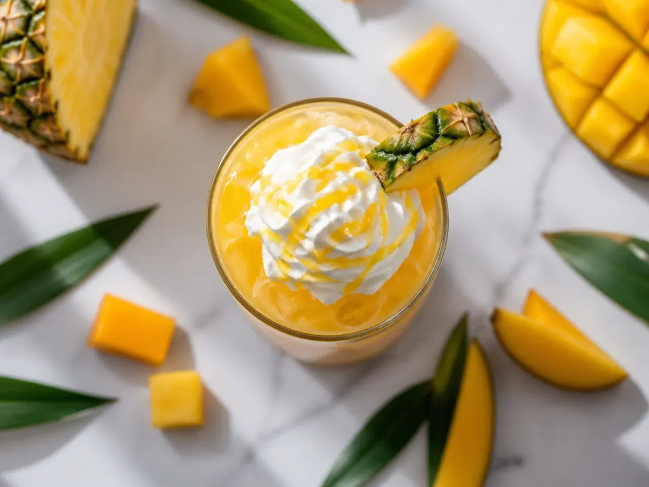 Iced pineapple-mango cooler in a tall glass with a pineapple wedge garnish