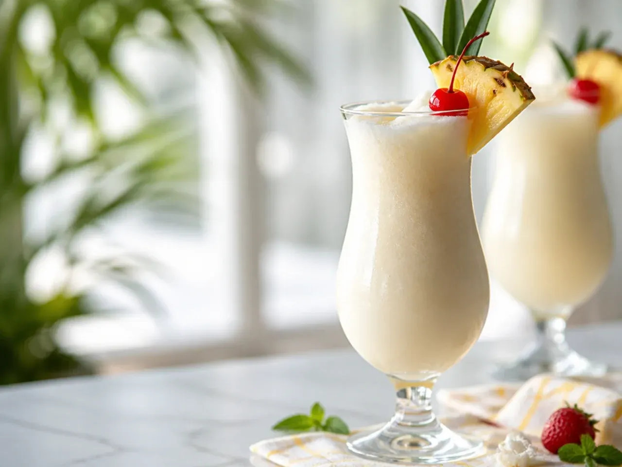 Classic virgin pina colada in a hurricane glass with pineapple wedge and cherry garnish