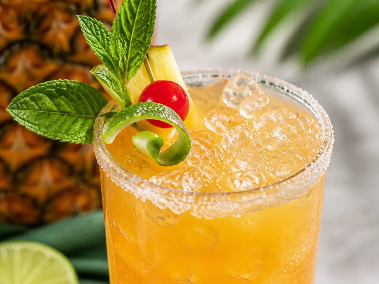 Copycat virgin Mai Tai with a red-to-gold gradient, garnished with mint and lime