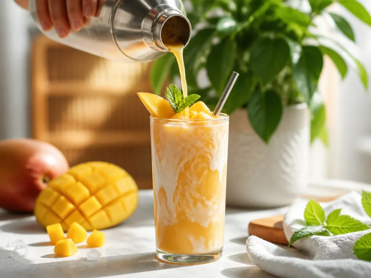 Creamy coconut-mango smoothie cooler in a glass topped with toasted coconut flakes