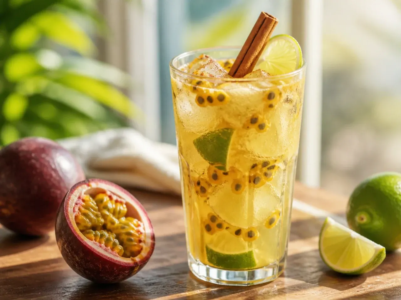 Refreshing passion fruit and lime spritzer in a wine glass with visible passion fruit seeds