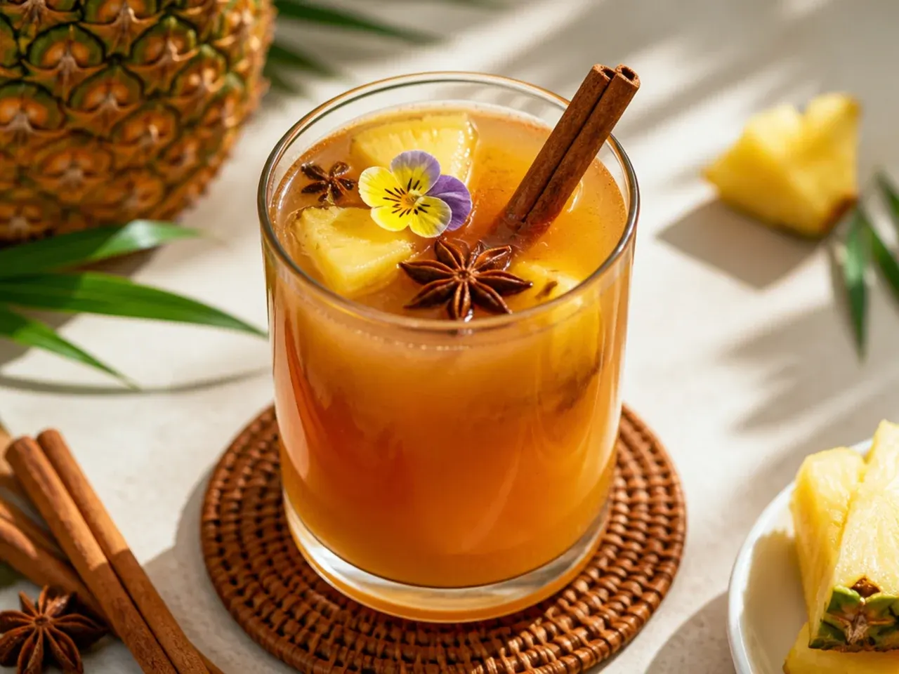 Cozy warm spiced pineapple cider in a mug with a cinnamon stick garnish