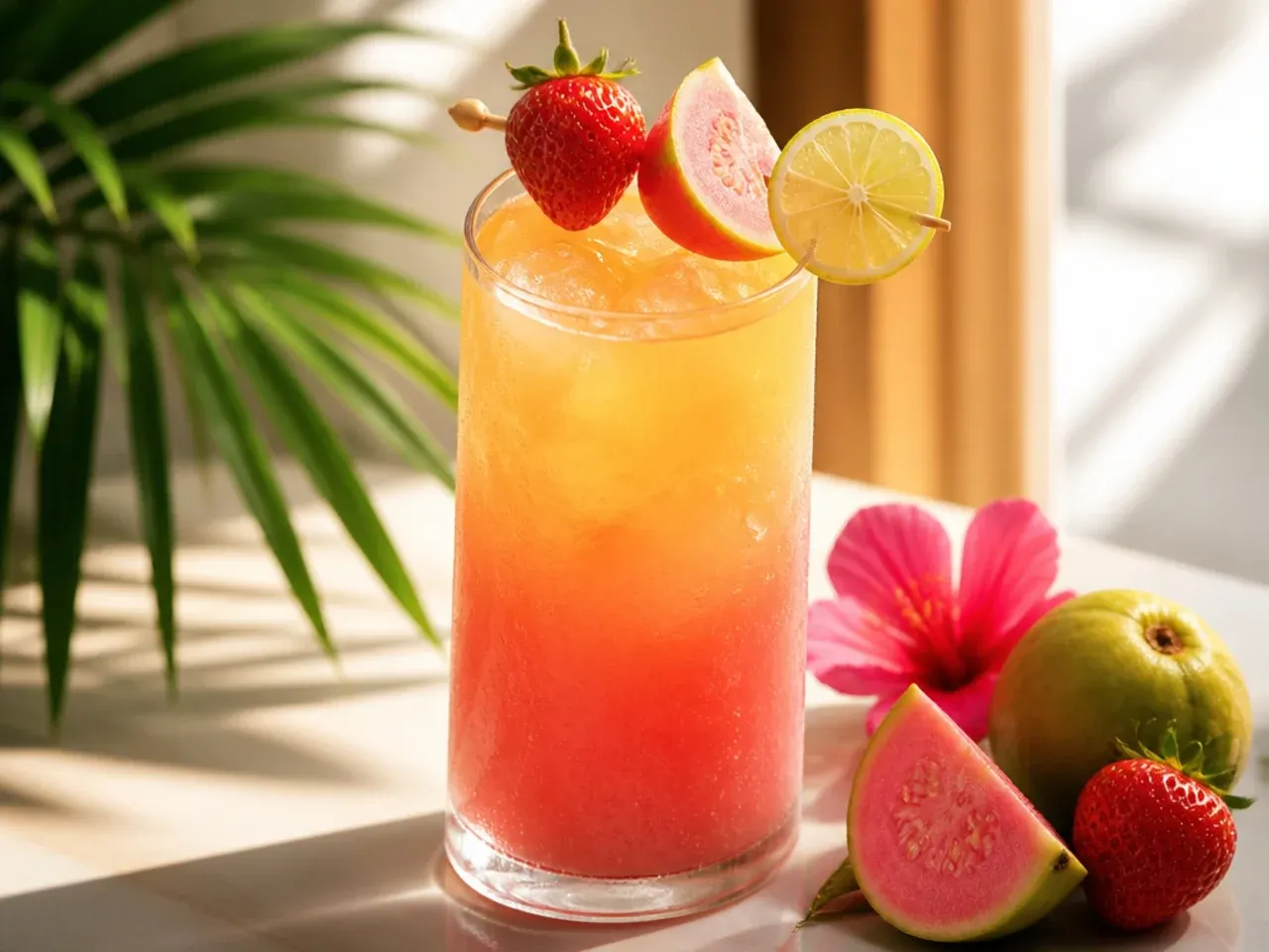 Sweet strawberry-guava sunrise mocktail with a pink-to-orange gradient in a tall glass