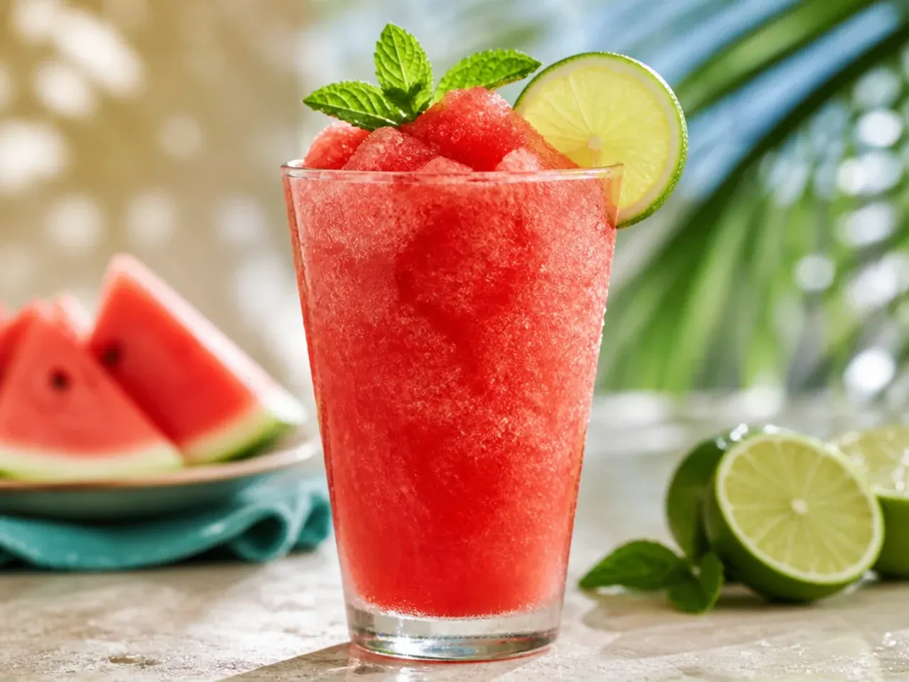 Frozen watermelon-lime slushie in a glass with a lime wedge on the rim