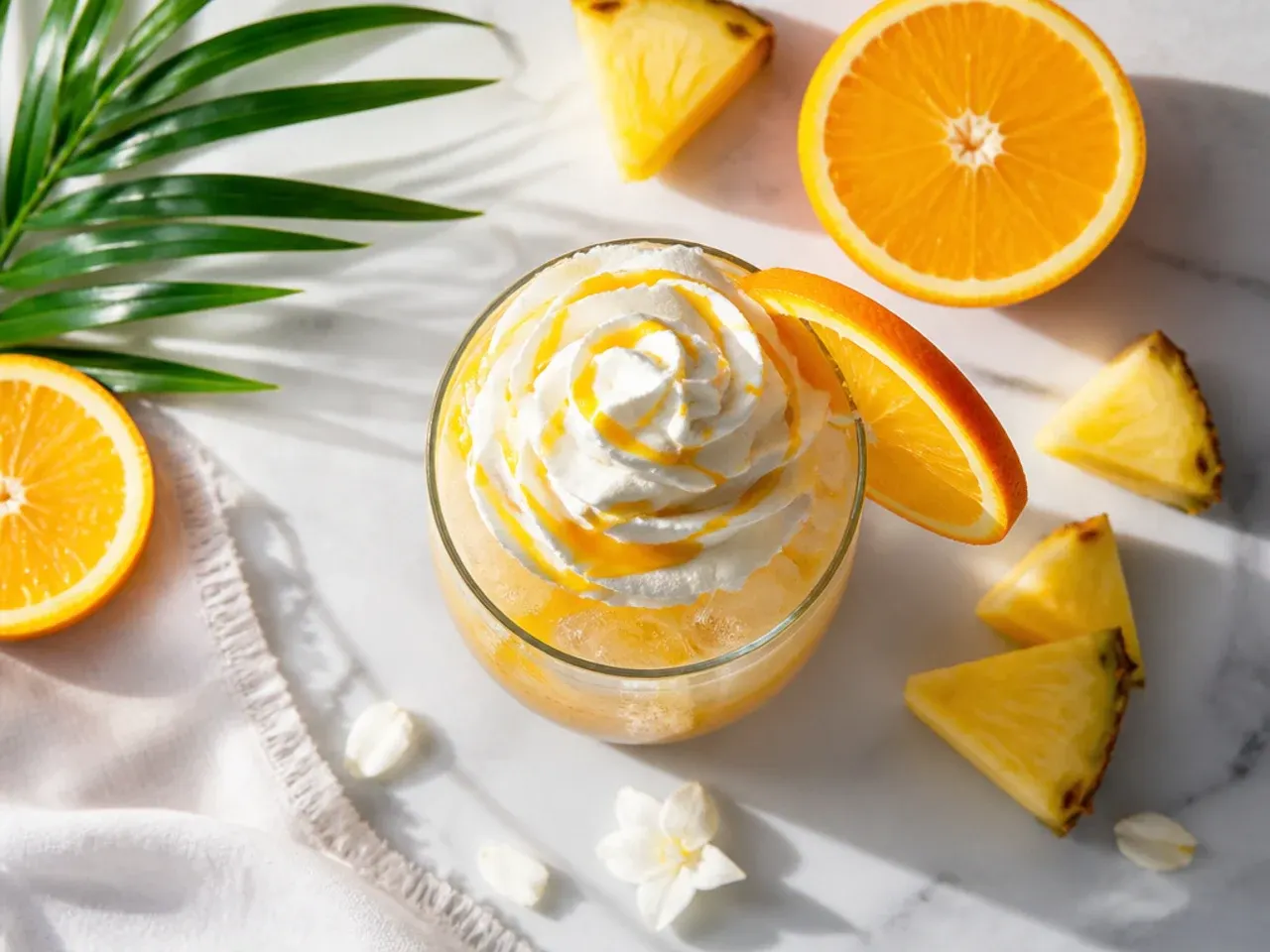Easy three-ingredient orange-pineapple fizz in a rocks glass with an orange slice