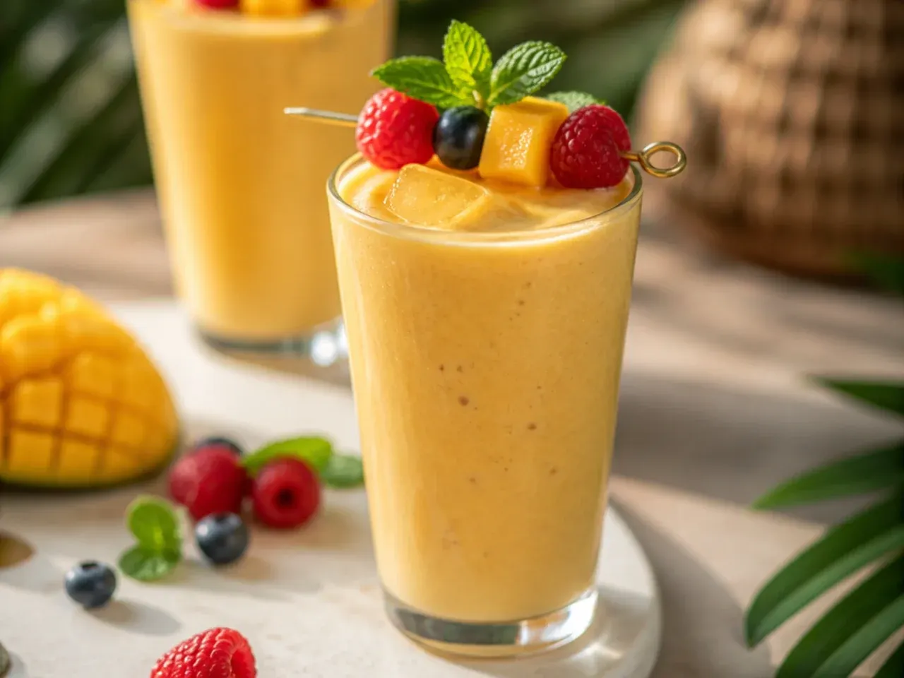 Blended mango-banana lassi cooler in a glass with a dusting of ground cardamom