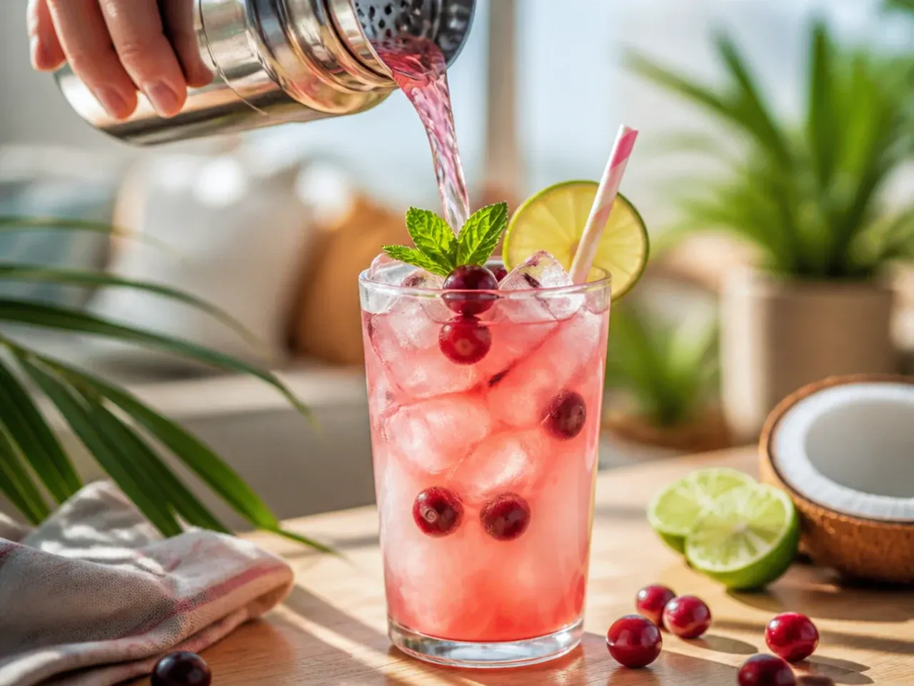 Festive coconut-cranberry punch in a bowl with floating orange wheels and cranberries