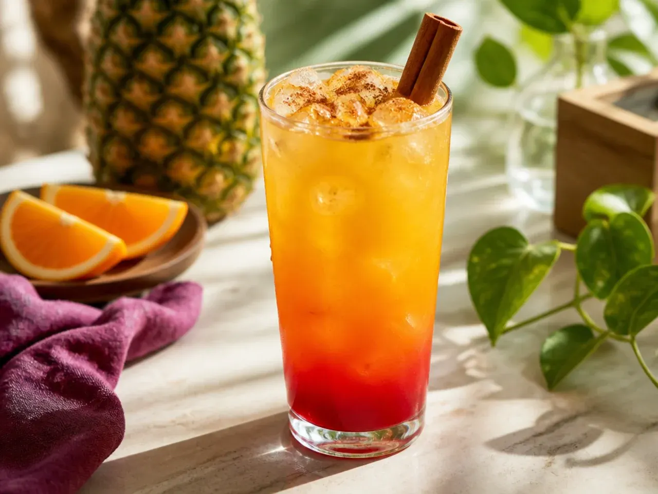 Layered tropical sunrise mocktail showing an orange-to-red gradient with a coconut cream layer